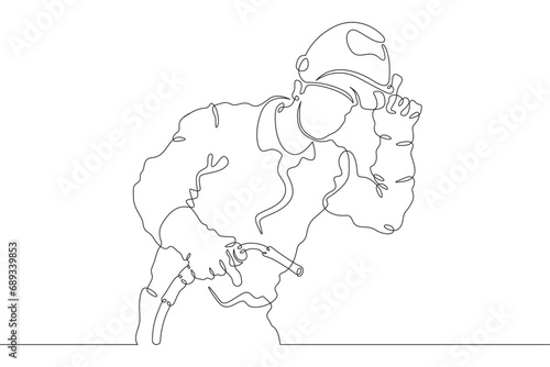 Welder worker. Welding metals at a construction site. Specialist welder in work clothes. One continuous line drawing. Linear. Hand drawn, white background. One line.