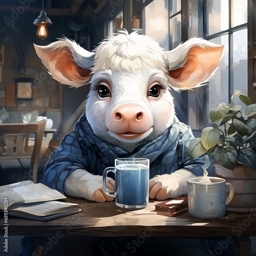A cartoon calf in glasses holding a glass of milk against the backdrop of a cozy cafe. Concept: a cute animal drinks a healthy drink from a glass.