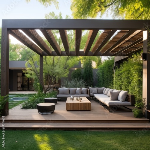 Green garden outdoor patio with wooden pergola and comfortable seating