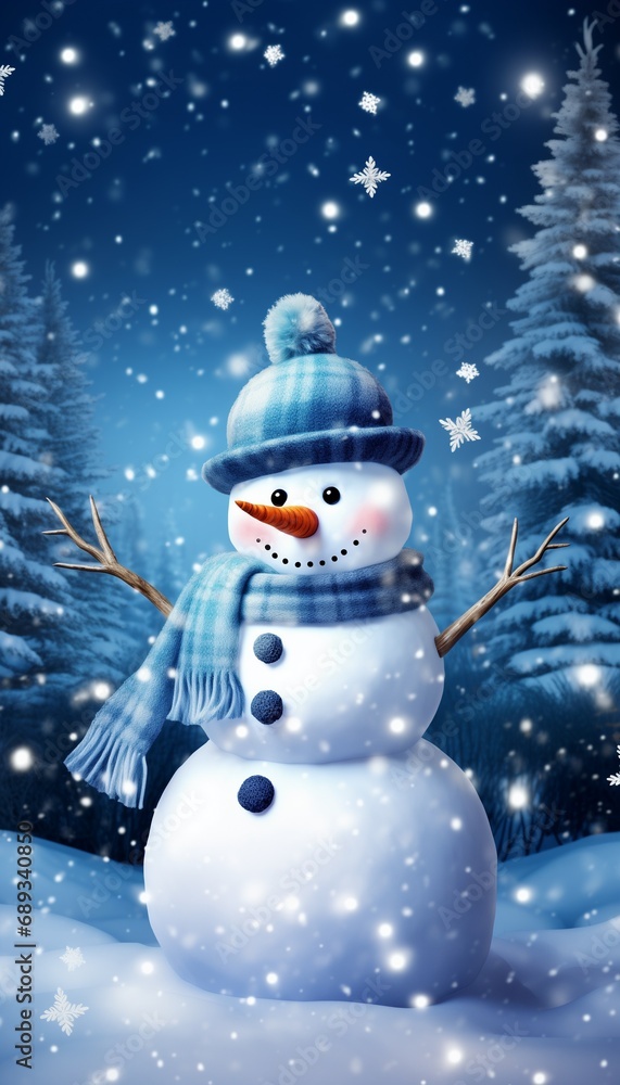 Enchanting Watercolor Illustration of a Cheerful Snowman in a Cozy Blue Knit Hat and Scarf, Amidst a Winter Wonderland Night Forest. Whimsical Atmosphere in Shades of Blue