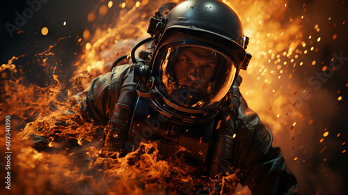 Man wearing cosmonaut suit in fire at space.