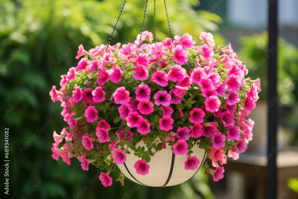 Hanging basket of vibrant pink petunias, blooming beautifully in a garden setting.