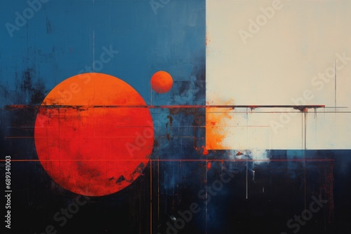 Bold abstract painting with red circles over a contrasting blue background.