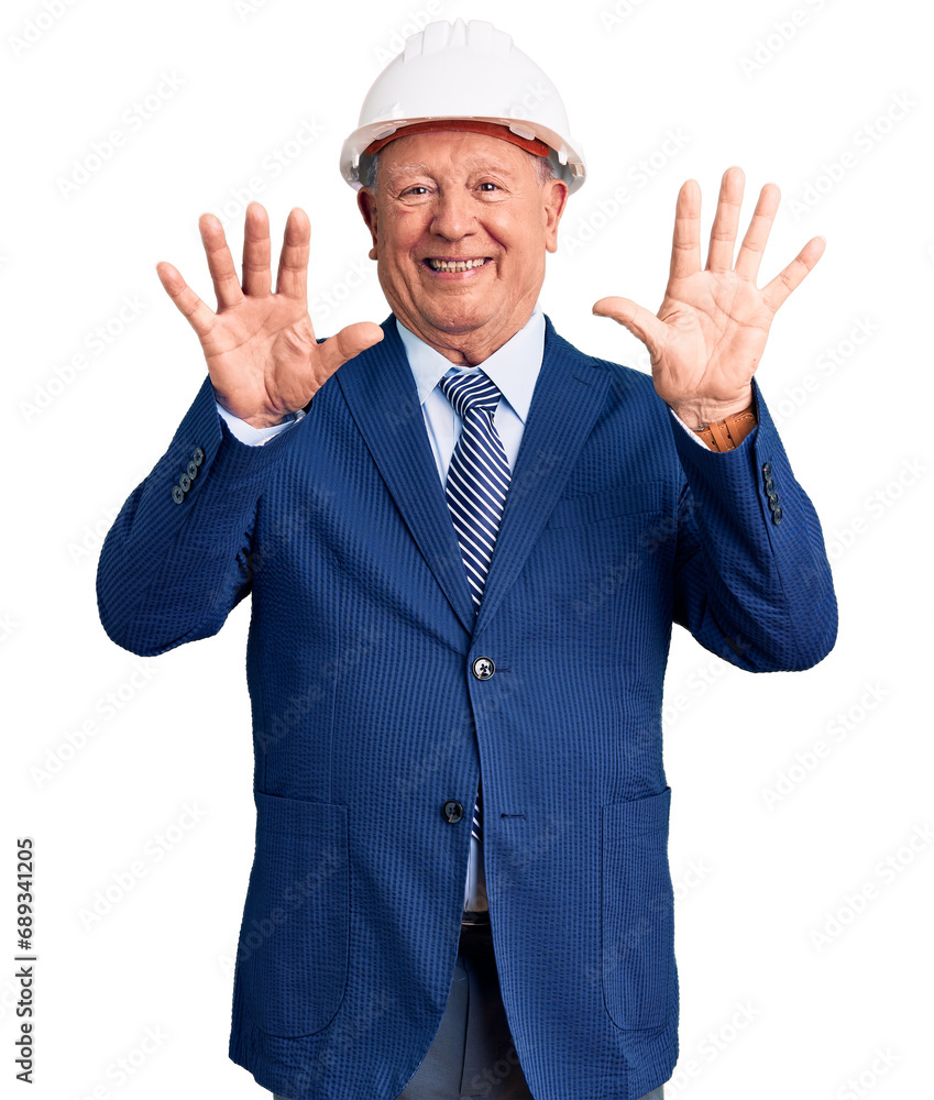 Senior handsome grey-haired man wearing suit and architect hardhat showing and pointing up with fingers number ten while smiling confident and happy.