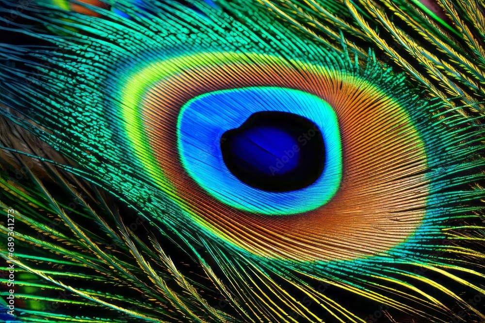 Obraz premium Vibrant close-up of a peacock feather, showcasing vivid colors and natural patterns.