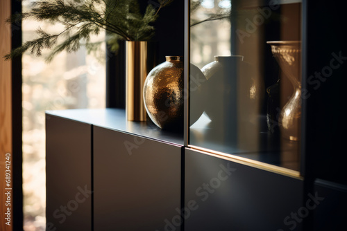 Detail of a black cabinet door in beautiful hall. Elegant luxury interior. Generative AI illustration photo
