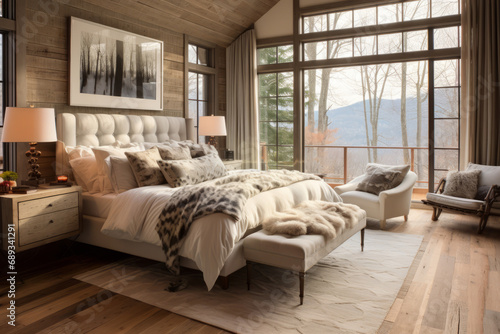 Farmhouse interior design of modern bedroom with hardwood floor. Generative AI © barmaleeva