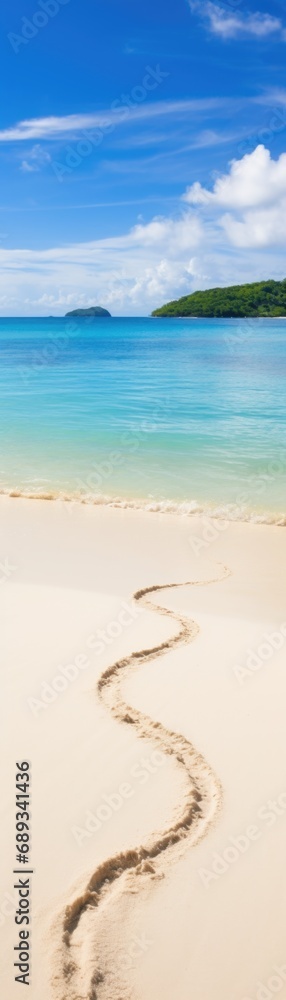 A sandy beach with footprints in the sand, vertical panoramic banner.