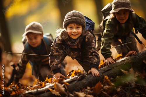 children in the forest, children in the woods, Group of happy joyful school kids with backpacks running with outstretched arms in forest on sunny spring day, excited children scouts boys and girls hav