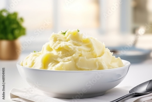 Creamy mashed potatoes in white bowl in white kitchen. Healthy food. Generative AI photo