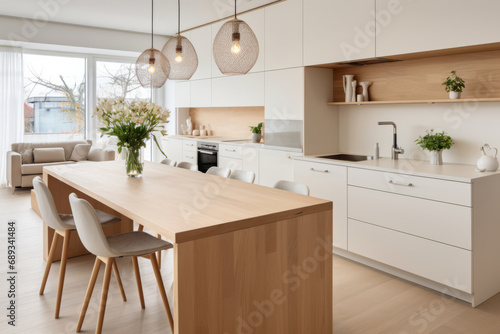 Modern scandinavian minimalist interior design of kitchen with island. Generative AI © barmaleeva