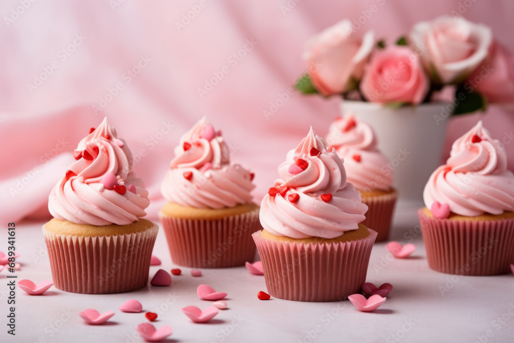 Cupcakes with decorations, with cream cheese and frosting for Valentine's day. Generative AI
