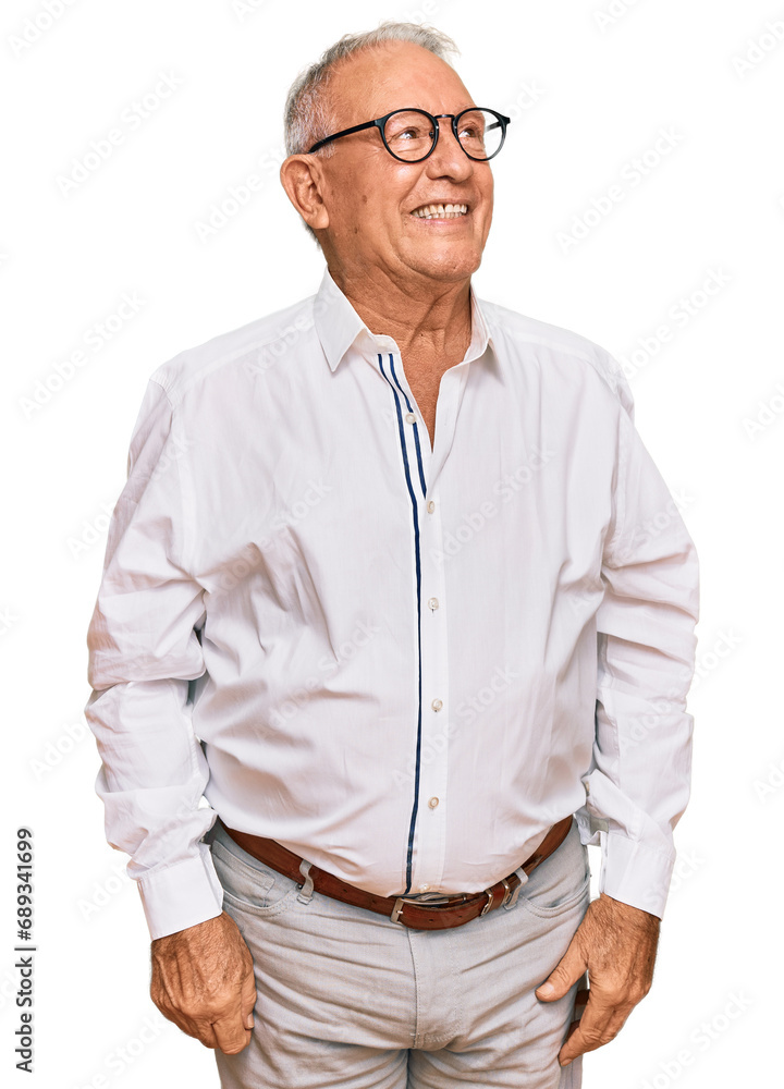Senior caucasian man wearing business shirt and glasses looking away to side with smile on face, natural expression. laughing confident. Senior caucasian man wearing business shirt and glasses looking away to side with smile on face, natural expression. laughing confident.