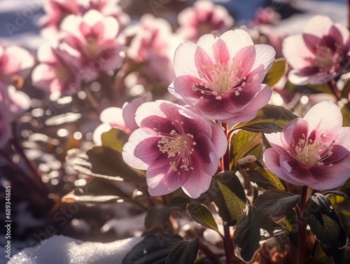 A bunch of flowers that are in the snow  beautiful winter hellebores.