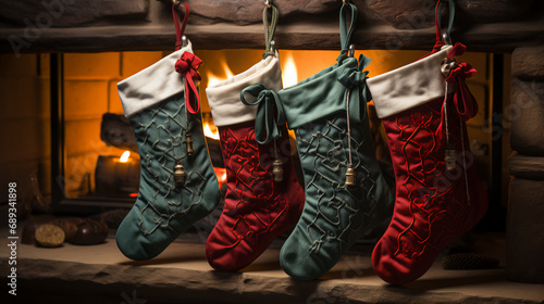 Red and Green Stockings hung on log cabin mantle - holiday design and decor. - festive decorations - fireplace - stylish 