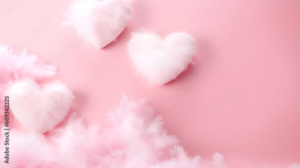 Valentine's day greeting card background.Pastel pink hearts decorated with feathers on a pink background with copy space. View from the top of Vadentinka. Valentine's Day concept template for text.