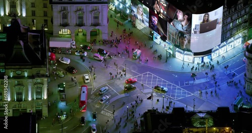 
Great Aerial View of London Piccadilly Circus, United Kingdom. Famous Video Display with videos Included in my Portfolio.  Regent Street and Shaftesbury Ave, Full of People and Traffic.  photo