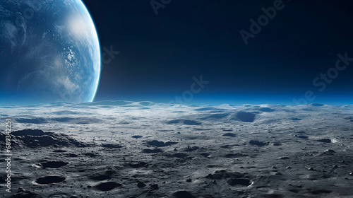 View from the surface of the Moon to the blue planet earth. Copy space. Lunar landscape. craters on the surface of the moon and a view of the earth
