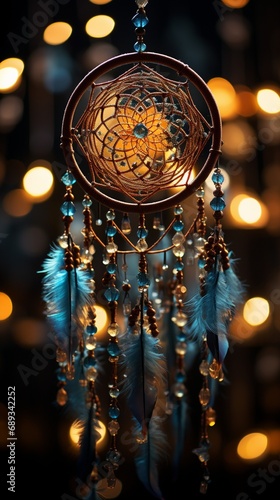 Close view of a beaded dream catcher, the backlight transforming it into a constellation of tiny stars against the twilight.