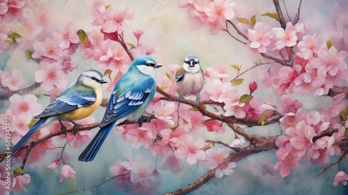 A group of birds chirping and frolicking in a blossoming cherry tree.