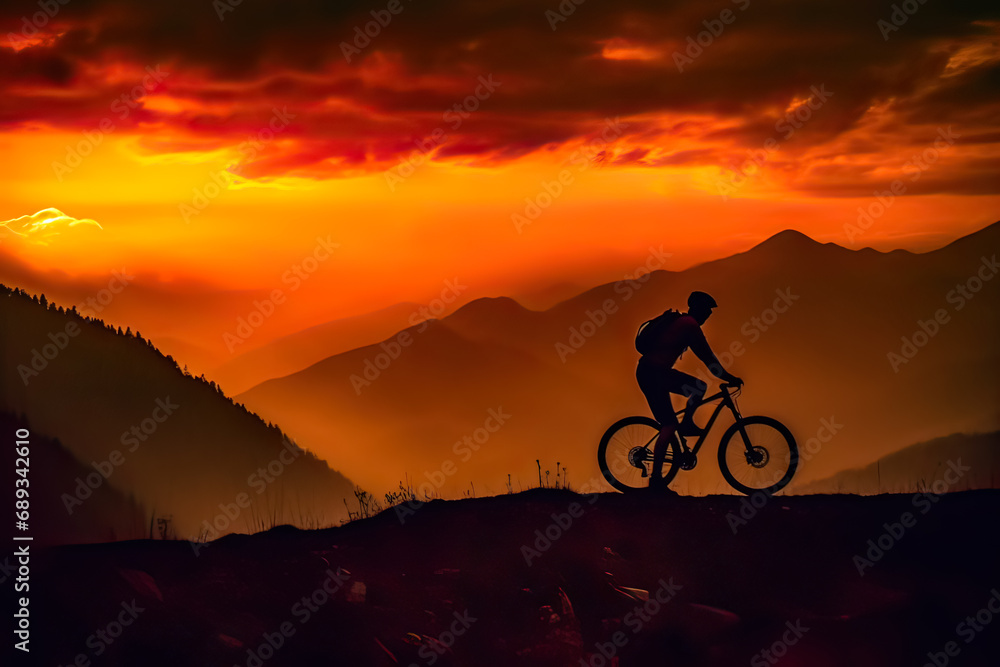 Obraz premium Mountain sunset ride, Silhouette of a cyclist against the evening sky a breathtaking stock photo capturing the adventurous spirit of twilight cycling.
