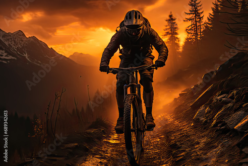 A sunset ride in the mountains, a cyclist racing through the mountains against the evening sky is a breathtaking photo that captures the adventurous spirit of twilight cycling.