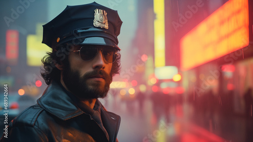 Gritty 1970's NYPD police officer. A million crime stories in the big apple NYC. In the style of a panoramic movie still. photo