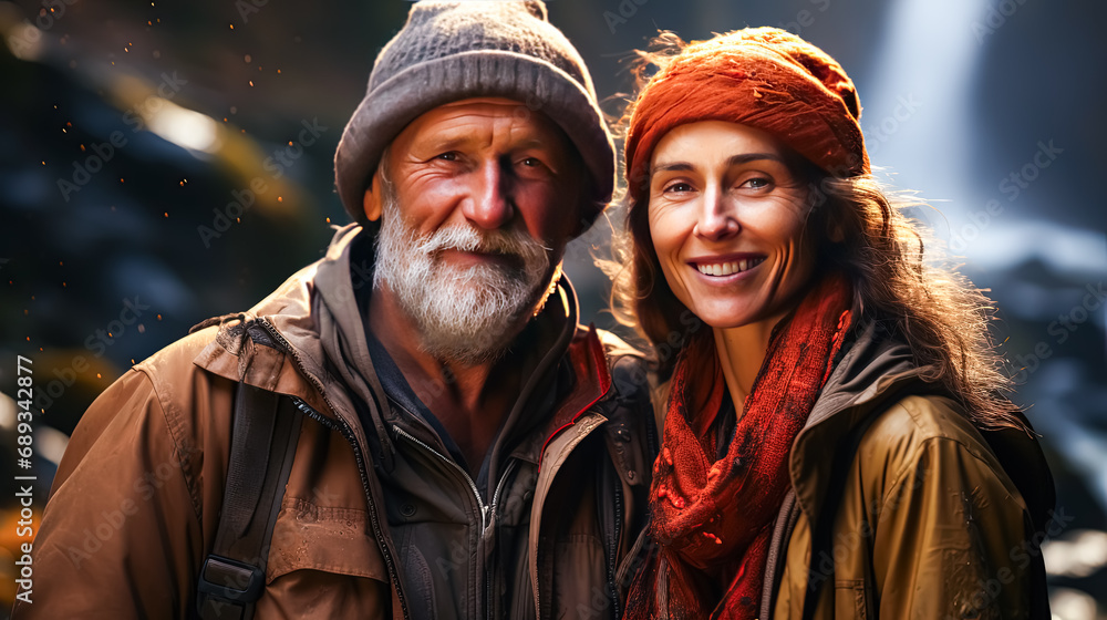 Autumn serenity, Elderly couple portrait by the pond a heartwarming stock photo capturing the timeless beauty of love in the golden embrace of fall.