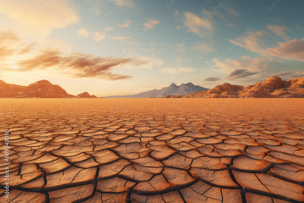landscape in the desert, cracked land on hot sunny weather, earth, cracked earth background, cracked earth texture, Panorama of cracked brown soil, barren wasteland surface natural background with dee - obrazy, fototapety, plakaty 