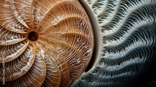 A macro photograph of a textured seashell, with its intricate spirals and patterns.