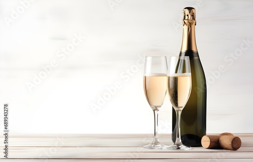 Champagne bottle and glasses lying on white wooden table soft light