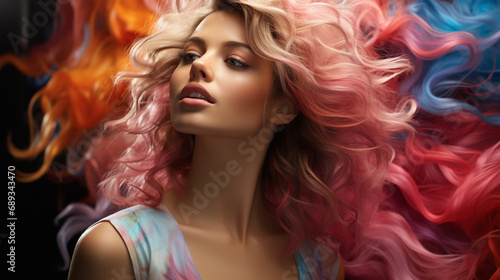 Woman in colorful hair.