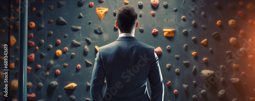 businessman in a suit stands in front of a climbing wall. concept of overcoming difficulties and self-development. ai generative © Oleksandr