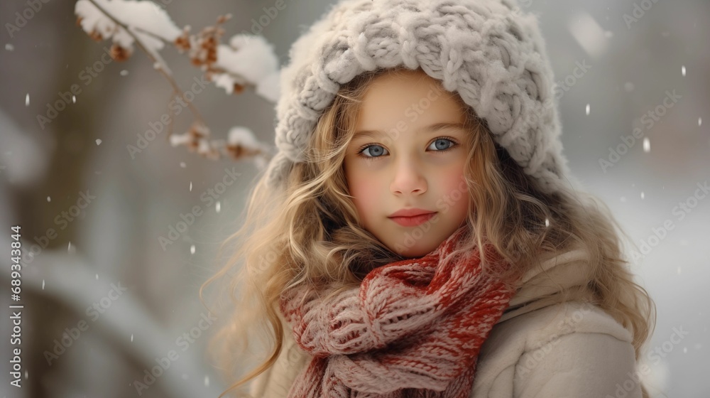 A little girl, bundled up in a scarf, stands in a snowy landscape. A little girl, bundled up in a scarf, stands in a snowy landscape.