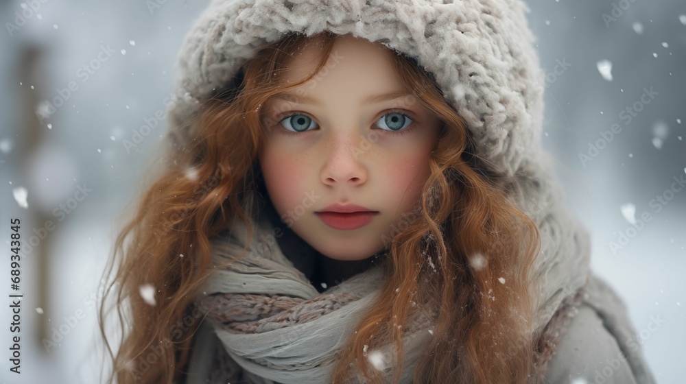 A little girl, bundled up in a scarf, stands in a snowy landscape. A little girl, bundled up in a scarf, stands in a snowy landscape.