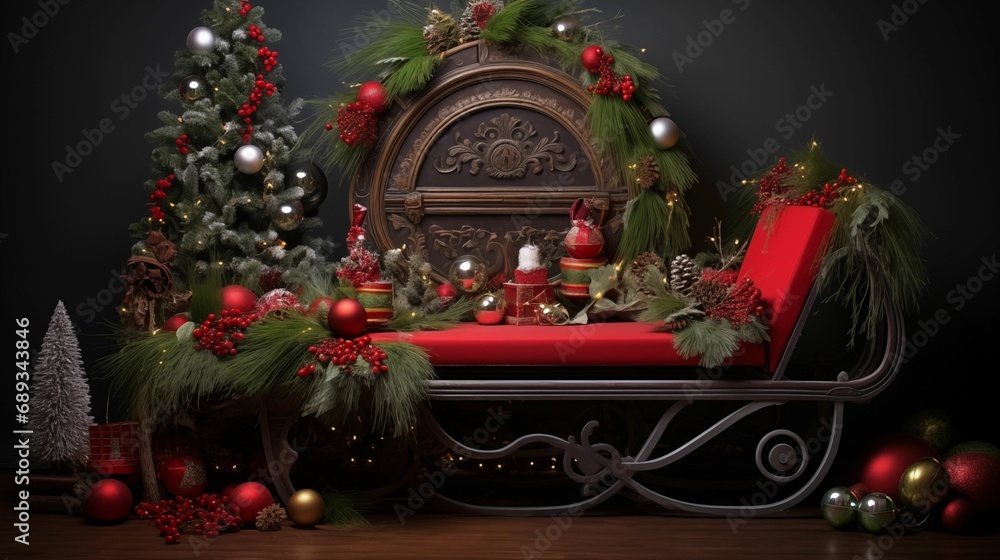 A festive Christmas scene featuring a beautifully decorated sled adorned with cheerful holiday ornaments.