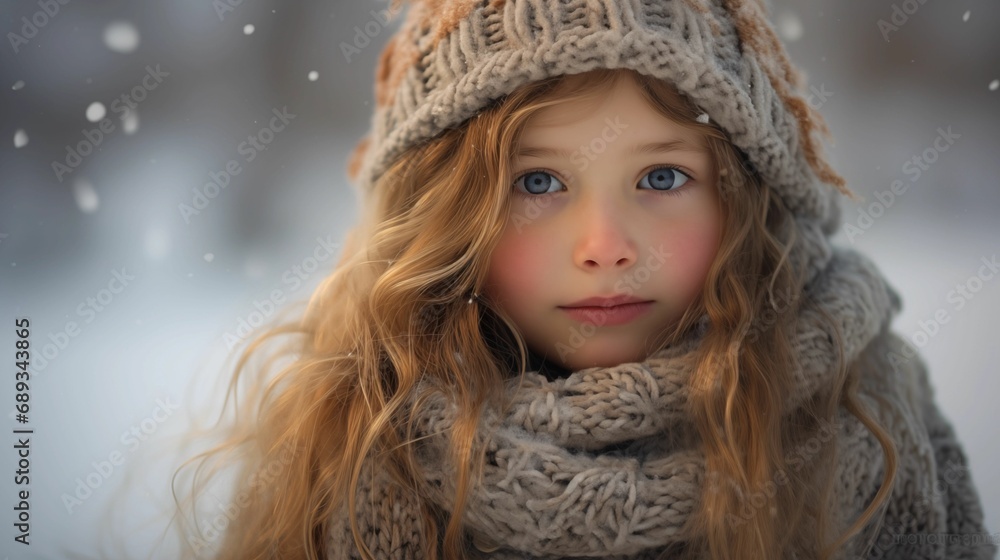A little girl, bundled up in a scarf, stands in a snowy landscape. A little girl, bundled up in a scarf, stands in a snowy landscape.