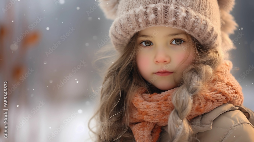 A little girl, bundled up in a scarf, stands in a snowy landscape. A little girl, bundled up in a scarf, stands in a snowy landscape.