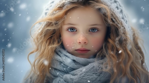A little girl, bundled up in a scarf, stands in a snowy landscape.