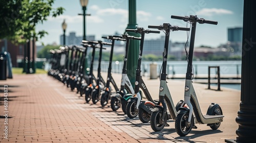 A row of electric scooters neatly lined up, ready for rent.