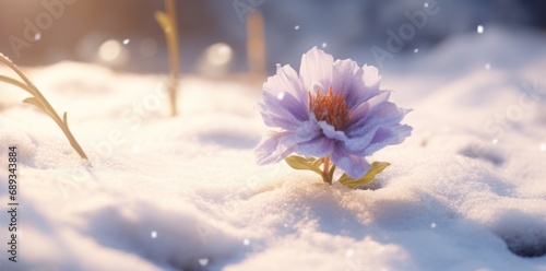 a snow scene with a purple flower is covered in snow, © olegganko