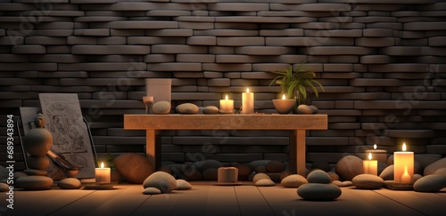 a spa table with bricks and candles,