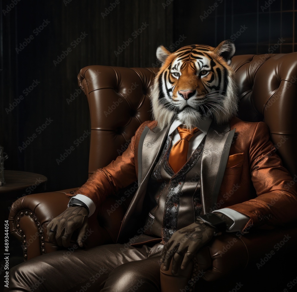 a tiger sitting in the suit and hat,