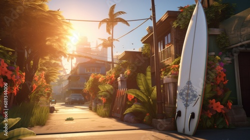 a sunset scene at an intersection with a surfboard next to plants,