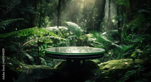 a table sitting next to foliage in a tropical forest,