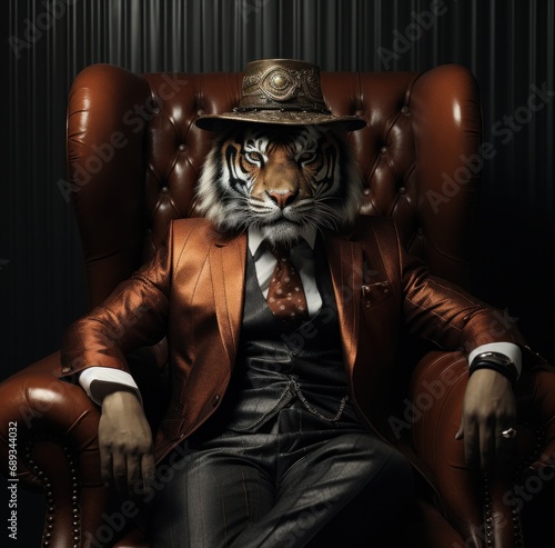 a tiger sitting in the suit and hat,