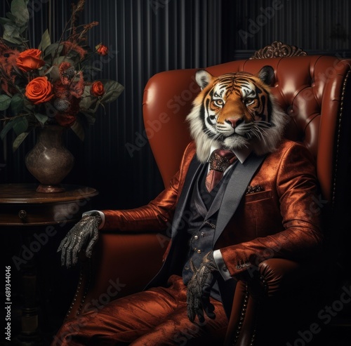 a tiger sitting in the suit and hat,