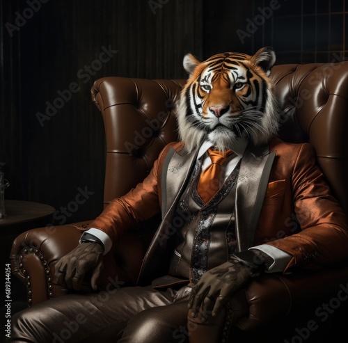 a tiger sitting in the suit and hat,