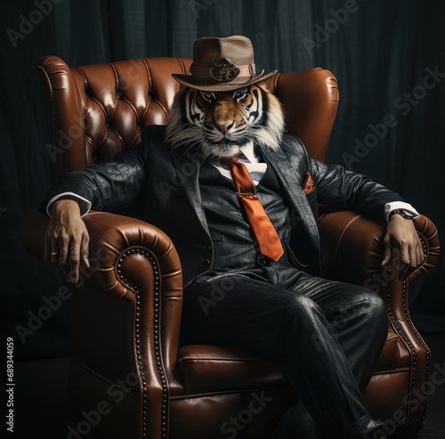 a tiger sitting in the suit and hat,