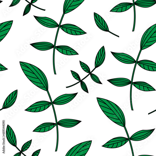 Seamless pattern with green leaves.
Seamless floral pattern on transparent background. Delicately outlined green leaves. Isolated elements.